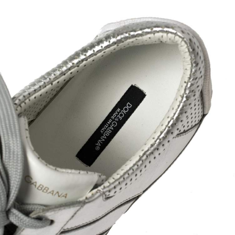مملوكة مسبقًا Dolce & Gabbana Metallic Silver Perforated Leather Lace Up Low Top Sneakers Size 41