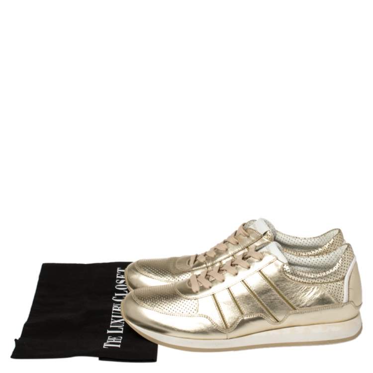 مملوكة مسبقًا Dolce & Gabbana Metallic Gold Perforated Leather Lace Up Low Top Sneakers Size 42.5 