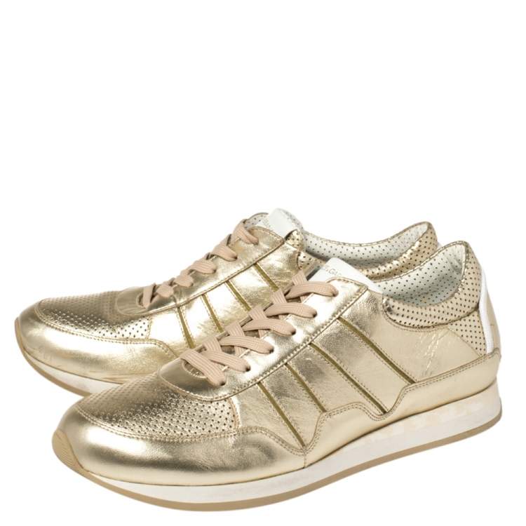 مملوكة مسبقًا Dolce & Gabbana Metallic Gold Perforated Leather Lace Up Low Top Sneakers Size 42.5 