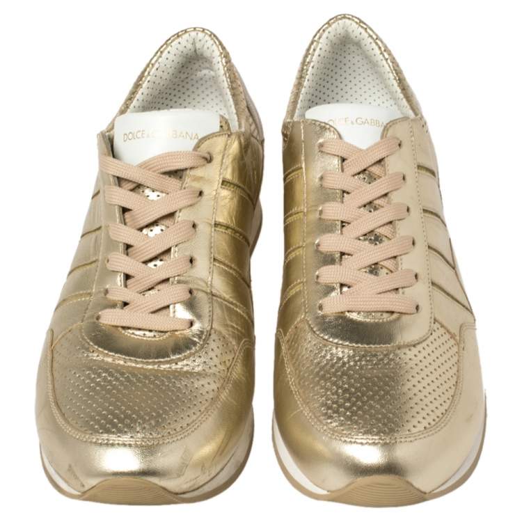 مملوكة مسبقًا Dolce & Gabbana Metallic Gold Perforated Leather Lace Up Low Top Sneakers Size 42.5 