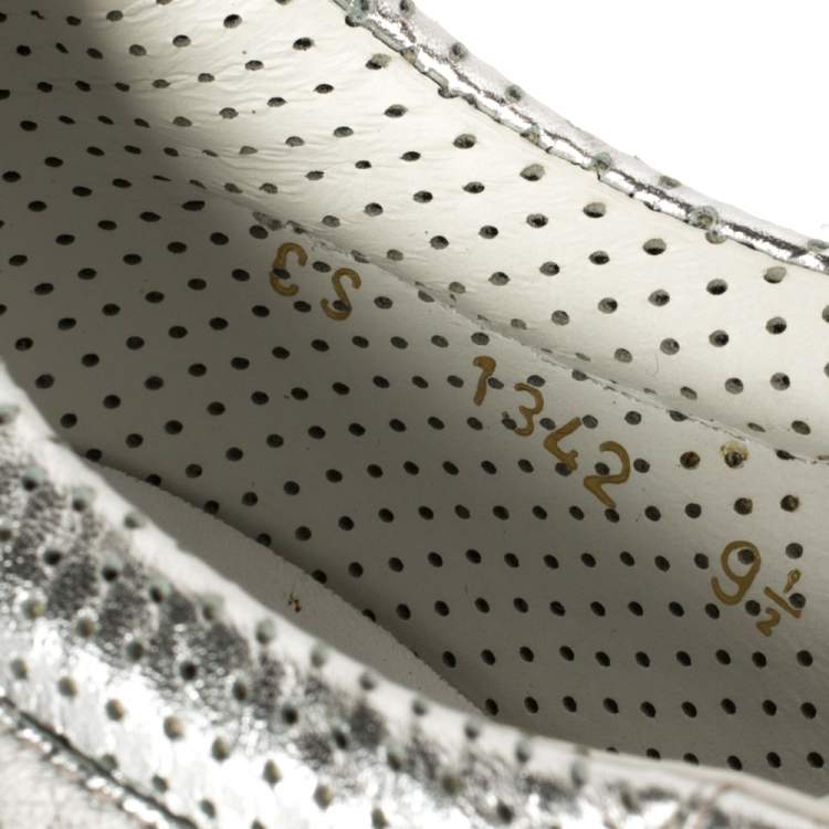 مملوكة مسبقًا Dolce & Gabbana Metallic Silver Perforated Leather Lace Up Low Top Sneakers Size 43.5
