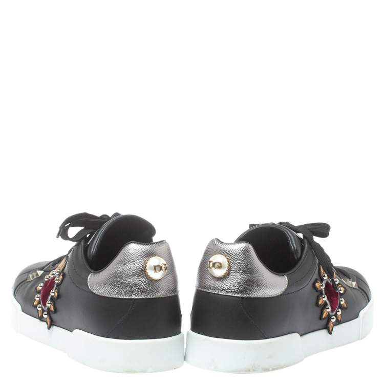 Dolce and Gabbana Black Leather Heart Low Top Sneakers Size 43.5 Dolce & Gabbana TLC