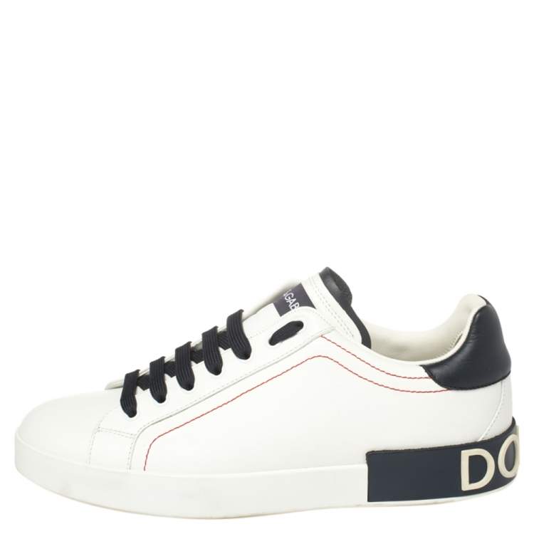 Pre Owned Dolce and Gabbana White/Black Leather Portofino Lace-Up Sneakers Size 42.5
