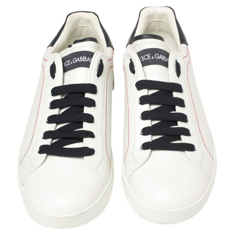 Pre Owned Dolce and Gabbana White/Black Leather Portofino Lace-Up Sneakers Size 42.5