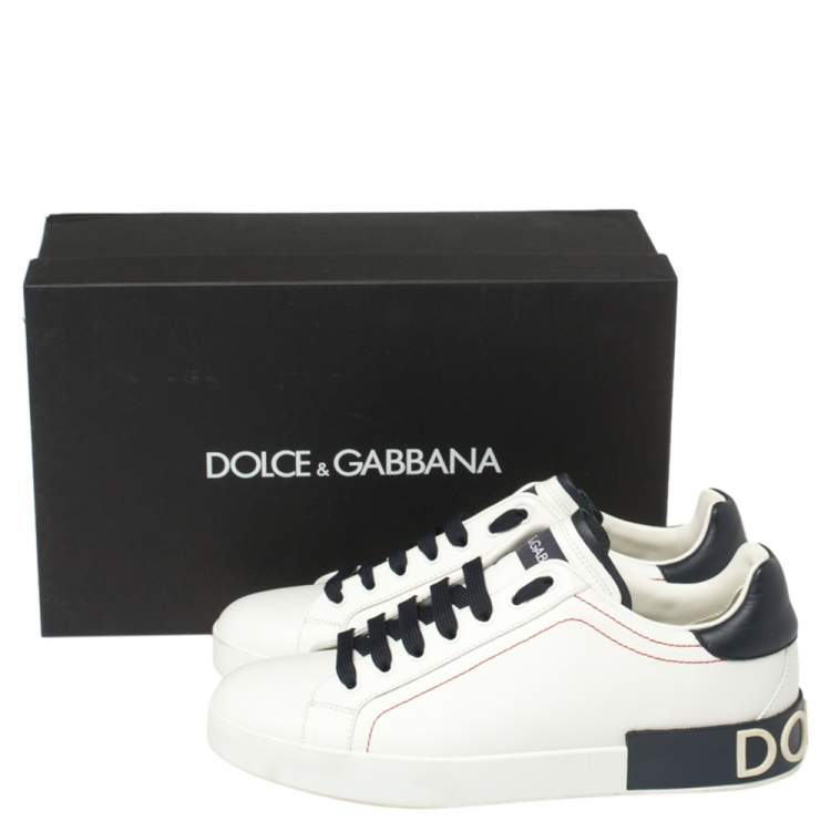 Pre Owned Dolce and Gabbana White/Black Leather Portofino Lace-Up Sneakers Size 42.5