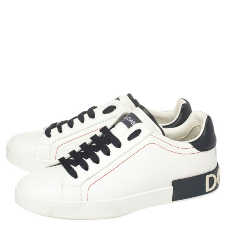 Pre Owned Dolce and Gabbana White/Black Leather Portofino Lace-Up Sneakers Size 42.5