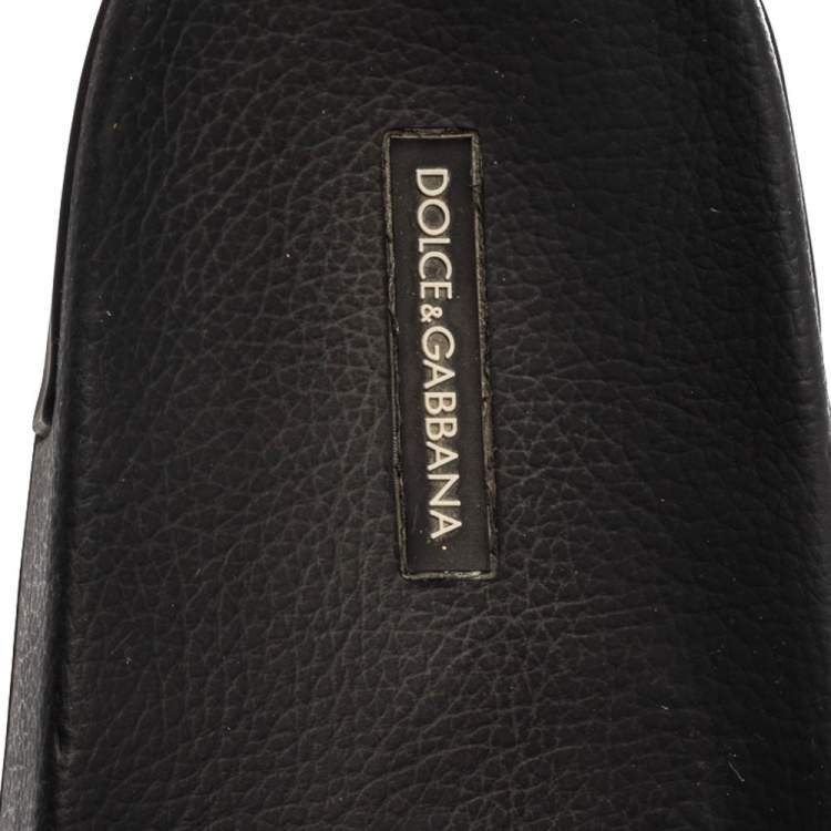 Pre Owned Dolce & Gabbana Black Leather Crown Logo Slip On Slides Size 43