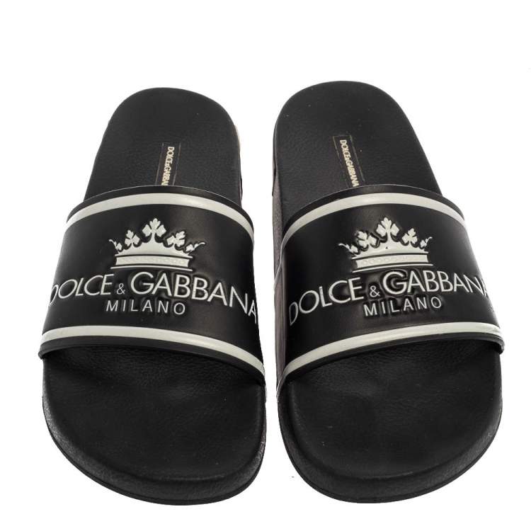 Pre Owned Dolce & Gabbana Black Leather Crown Logo Slip On Slides Size 43