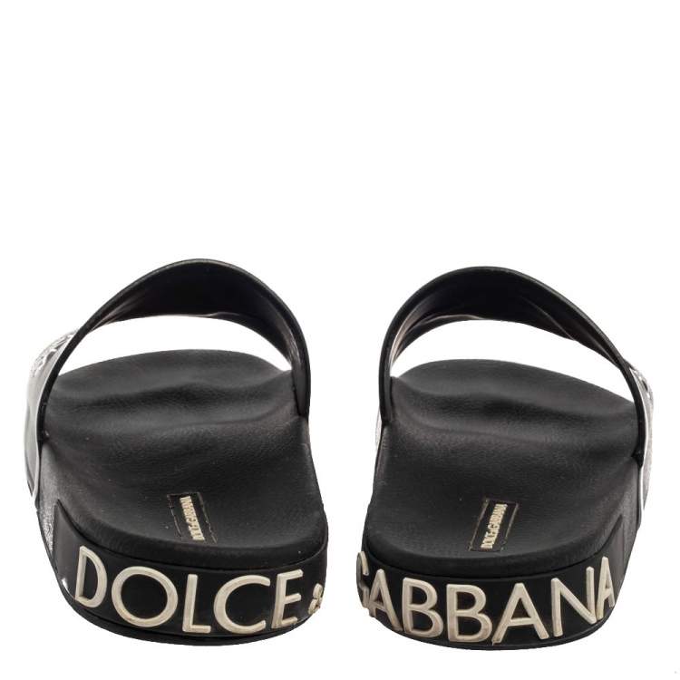 Pre Owned Dolce & Gabbana Black Leather Crown Logo Slip On Slides Size 43