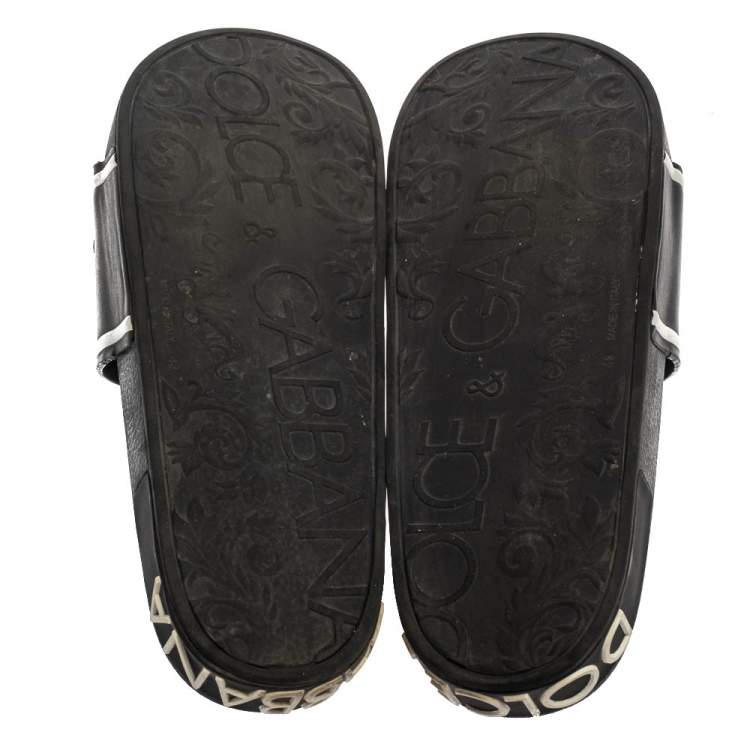Pre Owned Dolce & Gabbana Black Leather Crown Logo Slip On Slides Size 43