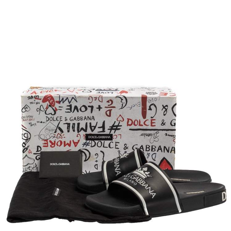 Pre Owned Dolce & Gabbana Black Leather Crown Logo Slip On Slides Size 43