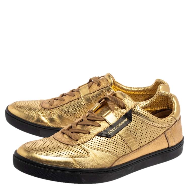 Pre Owned Dolce and Gabbana Metallic Gold Perforated Leather Sneakers Size 44