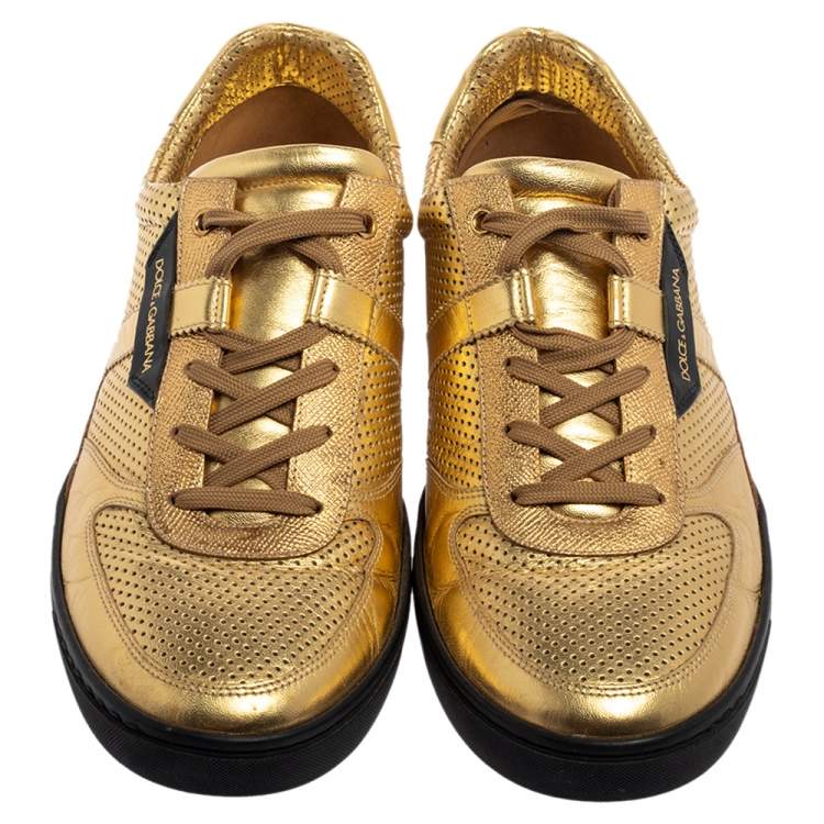 Pre Owned Dolce and Gabbana Metallic Gold Perforated Leather Sneakers Size 44