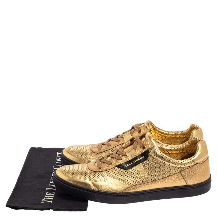 Pre Owned Dolce and Gabbana Metallic Gold Perforated Leather Sneakers Size 44