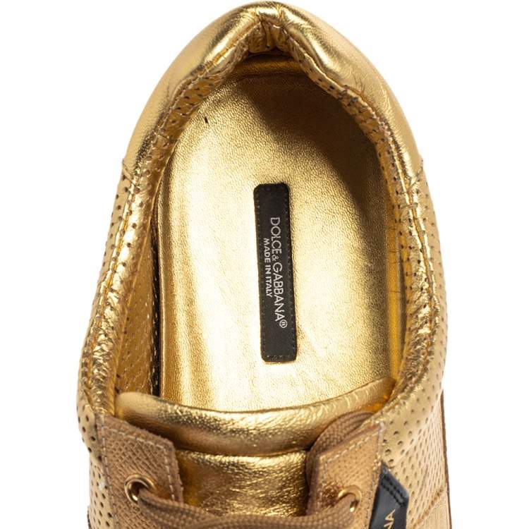 Pre Owned Dolce and Gabbana Metallic Gold Perforated Leather Sneakers Size 44