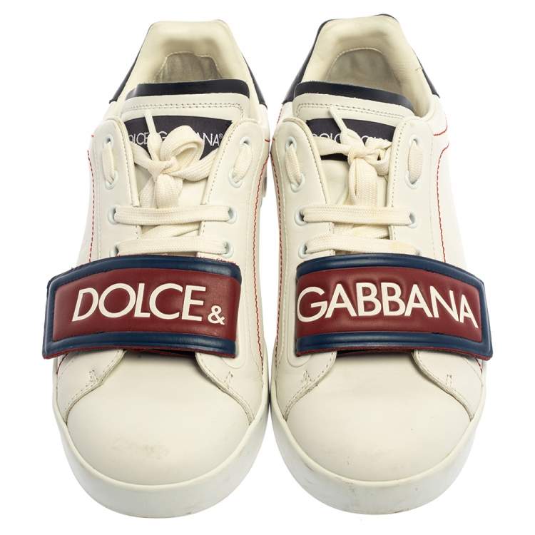 Pre Owned Dolce & Gabbana White/Brown Leather Logo Velcro Strap Sneakers Size 40