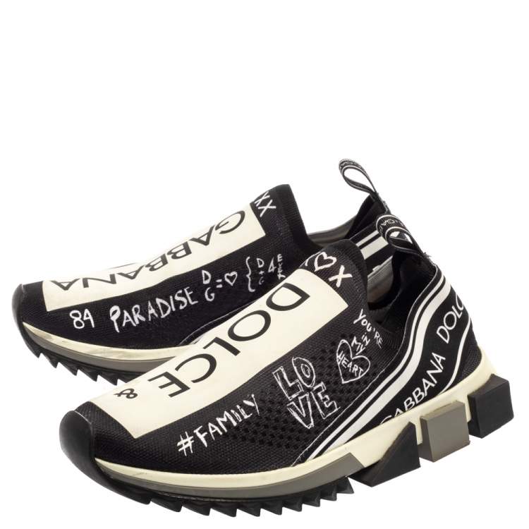 مملوكة مسبقًا Dolce & Gabbana Black Knit Fabric Sorrento Graffiti Print Sneakers Size 41