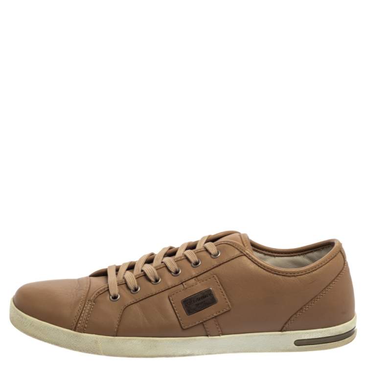 Pre Owned Dolce & Gabbana Beige Leather Cap Toe Low Top Sneakers Size 45
