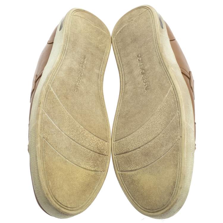 Pre Owned Dolce & Gabbana Beige Leather Cap Toe Low Top Sneakers Size 45