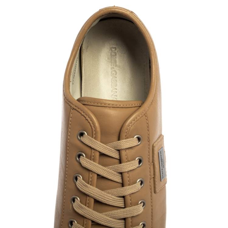 Pre Owned Dolce & Gabbana Beige Leather Cap Toe Low Top Sneakers Size 45
