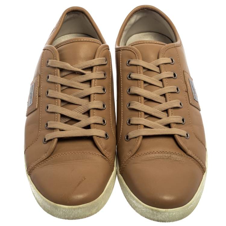 Pre Owned Dolce & Gabbana Beige Leather Cap Toe Low Top Sneakers Size 45