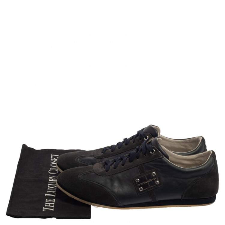 Pre Owned Dolce & Gabbana Grey/Navy Blue Suede And Leather  Logo Plaque Sneaker Size 44