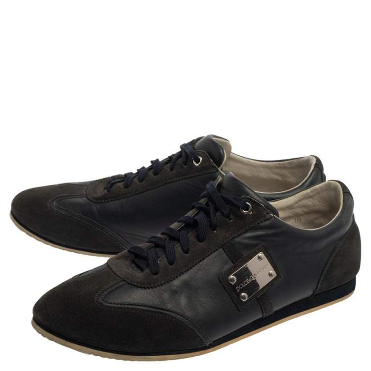Pre Owned Dolce & Gabbana Grey/Navy Blue Suede And Leather  Logo Plaque Sneaker Size 44