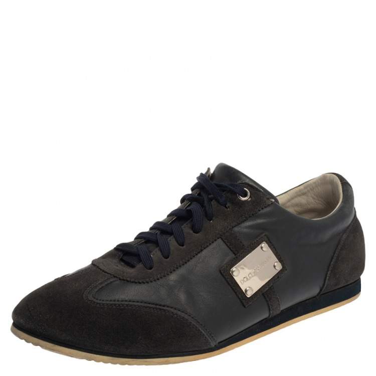 Pre Owned Dolce & Gabbana Grey/Navy Blue Suede And Leather  Logo Plaque Sneaker Size 44