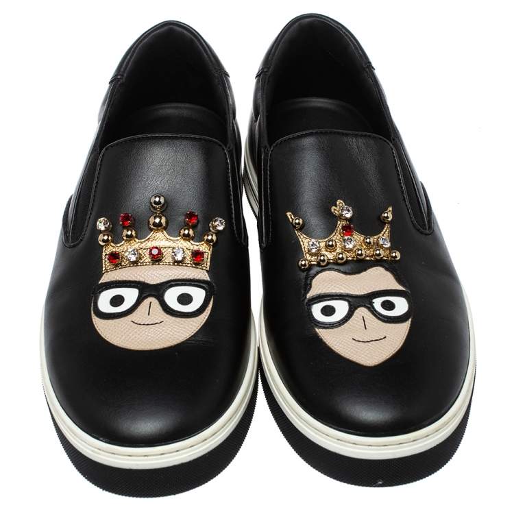 Pre Owned Dolce & Gabbana Black Leather Family Slip On Sneakers Size 42