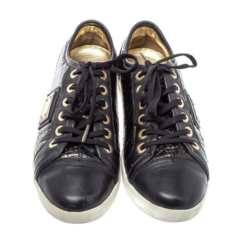 Pre Owned Dolce & Gabbana Black Python Embossed And Leather Low Top Sneakers Size 41