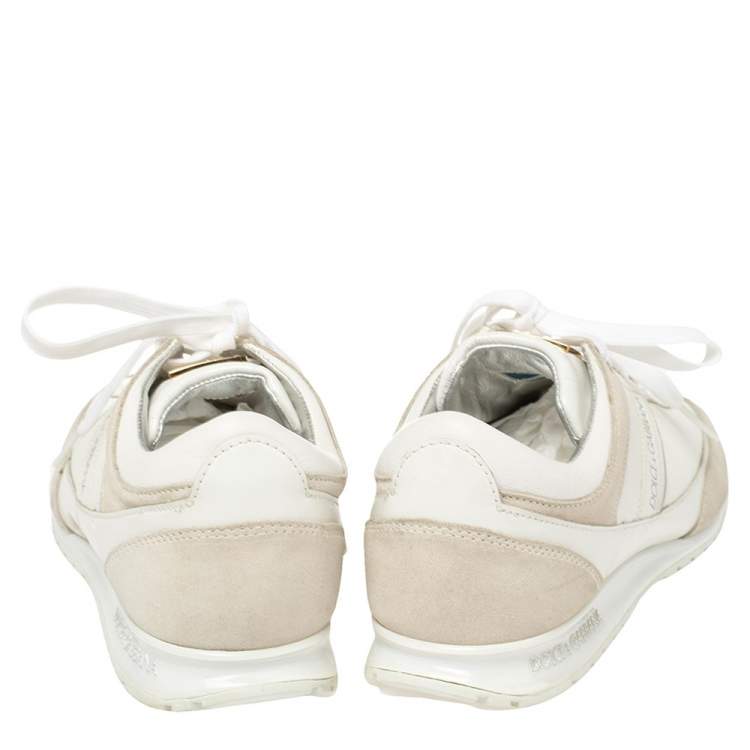 Pre Owned Dolce & Gabbana White Perforated Leather And Suede Lace Up Sneakers Size 43