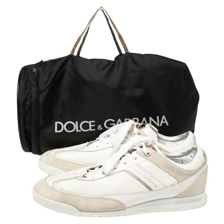 Pre Owned Dolce & Gabbana White Perforated Leather And Suede Lace Up Sneakers Size 43