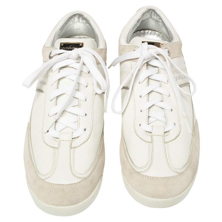 Pre Owned Dolce & Gabbana White Perforated Leather And Suede Lace Up Sneakers Size 43