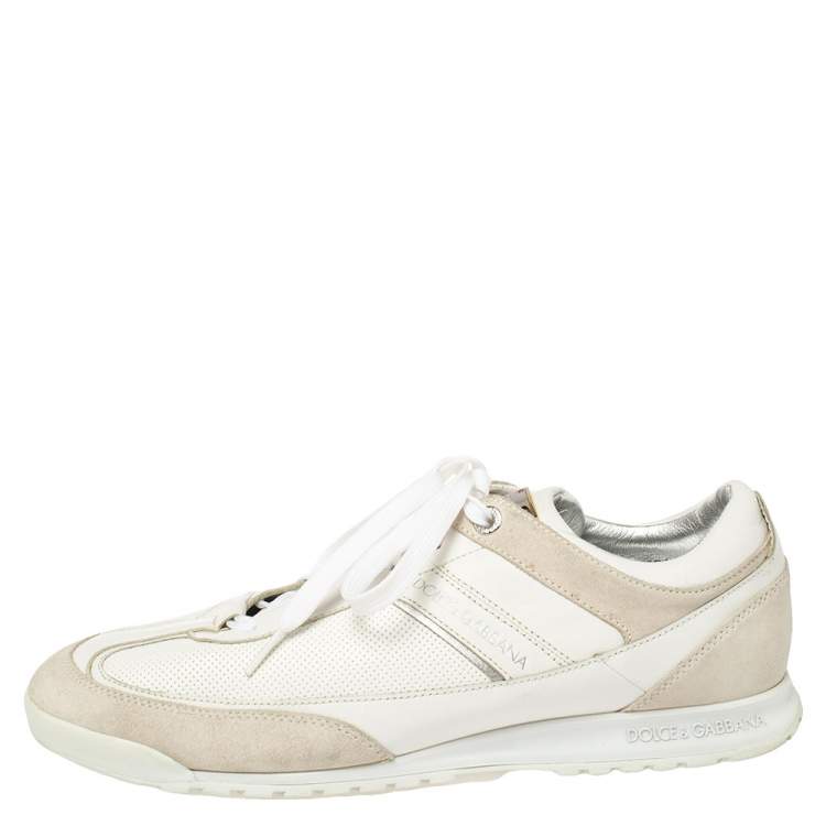 Pre Owned Dolce & Gabbana White Perforated Leather And Suede Lace Up Sneakers Size 43