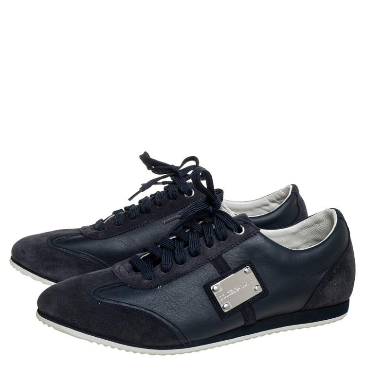 Pre Owned Dolce & Gabbana Black/Blue Suede And Leather Logo Plaque Sneakers Size 41