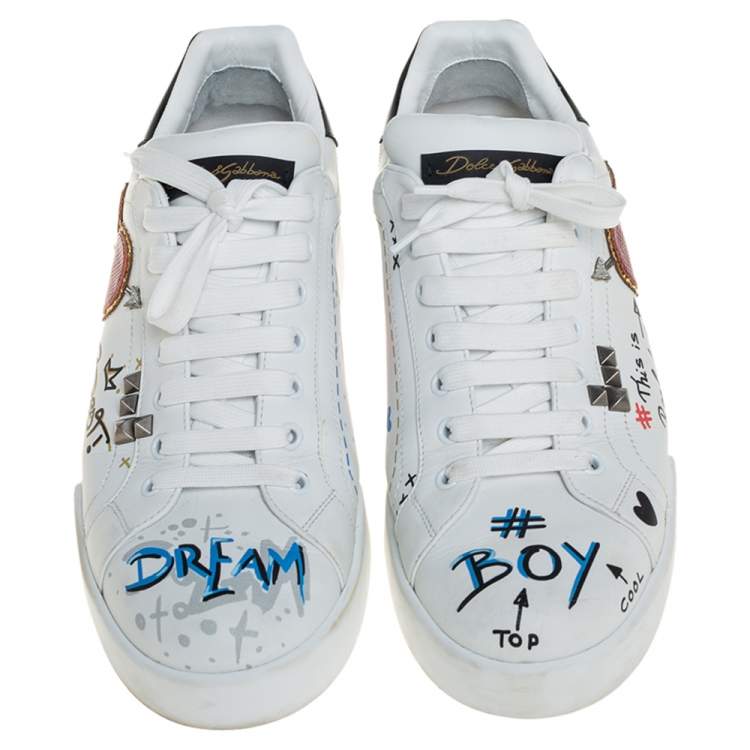 مملوكة مسبقًا Dolce & Gabbana White Leather Portofino Low Top Sneakers Size 43