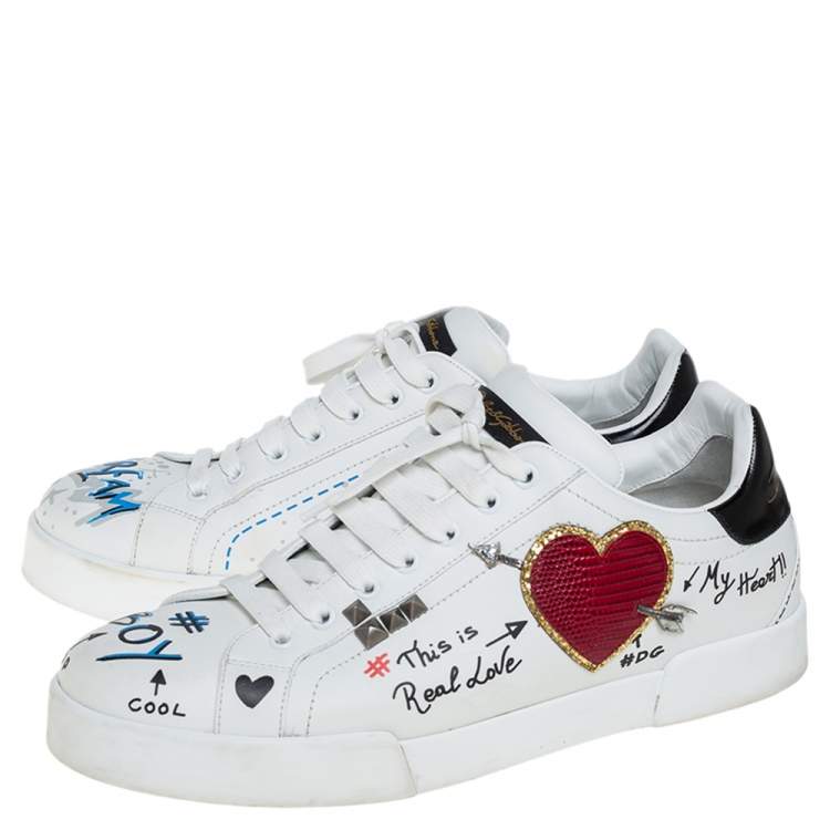 مملوكة مسبقًا Dolce & Gabbana White Leather Portofino Low Top Sneakers Size 43