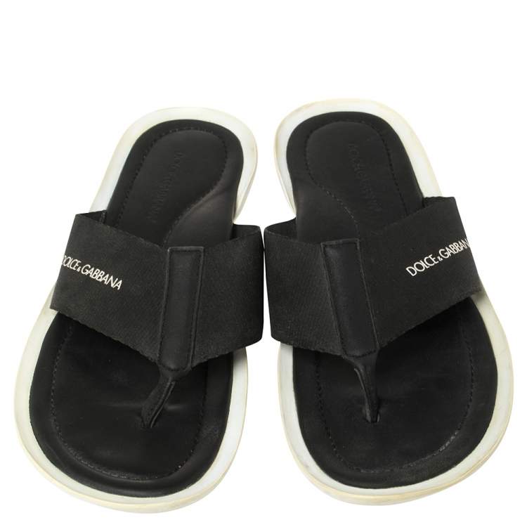 Pre Owned Dolce & Gabbana Black Nylon And Leather Thong Flat Sandals Size 42
