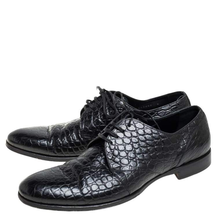 Pre Owned Dolce & Gabbana Black Croc Embossed Leather Lace Up Derby Size 43