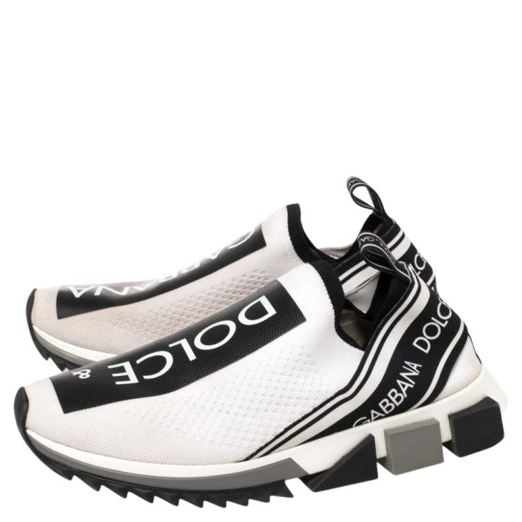Pre Owned Dolce & Gabbana White/Black Stretch Fabric Logo Sorrento Slip On Sneakers Size 42.5