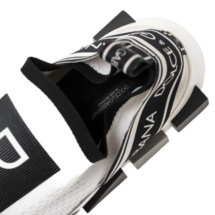 Pre Owned Dolce & Gabbana White/Black Stretch Fabric Logo Sorrento Slip On Sneakers Size 42.5