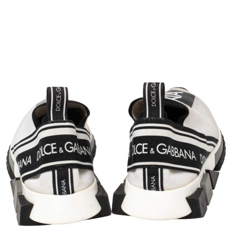 Pre Owned Dolce & Gabbana White/Black Stretch Fabric Logo Sorrento Slip On Sneakers Size 42.5