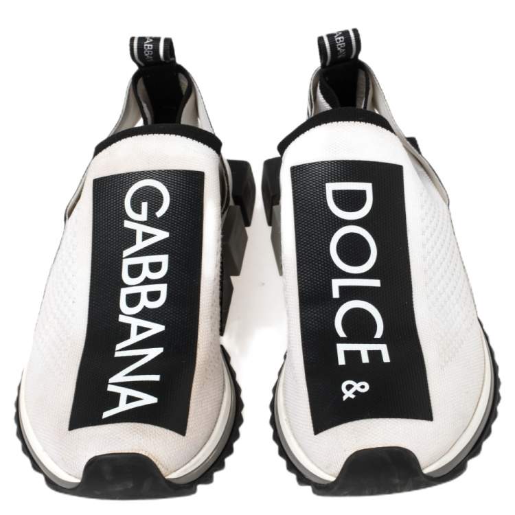 Pre Owned Dolce & Gabbana White/Black Stretch Fabric Logo Sorrento Slip On Sneakers Size 42.5