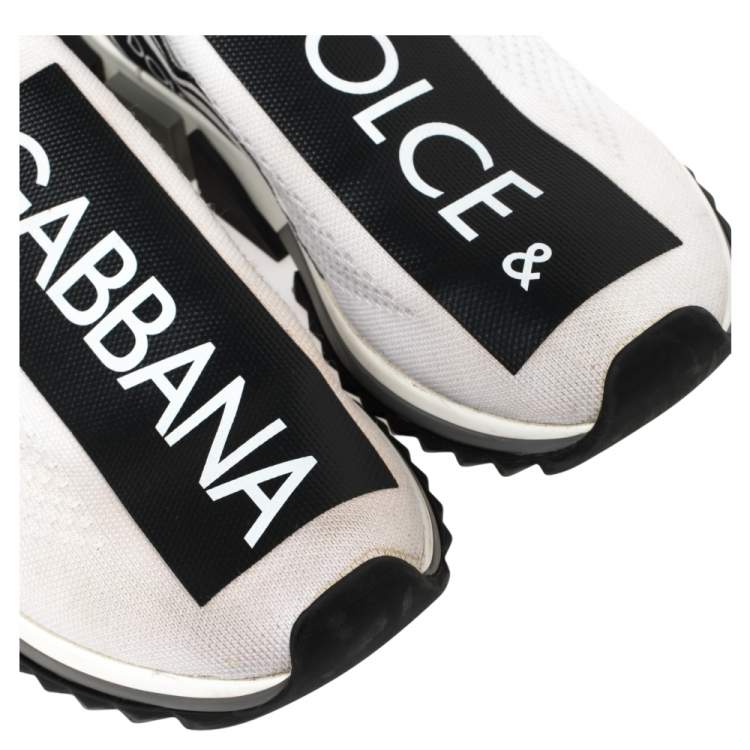 Pre Owned Dolce & Gabbana White/Black Stretch Fabric Logo Sorrento Slip On Sneakers Size 42.5