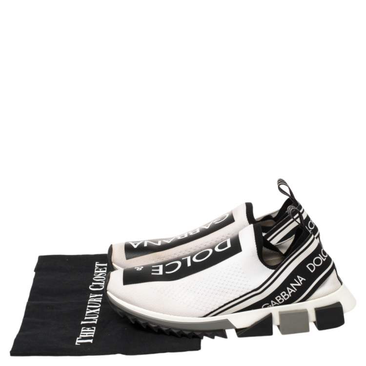 Pre Owned Dolce & Gabbana White/Black Stretch Fabric Logo Sorrento Slip On Sneakers Size 42.5