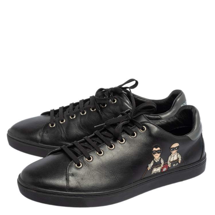 Pre Owned Dolce & Gabbana Black Leather Designers Patch Low Top Sneakers Size 45