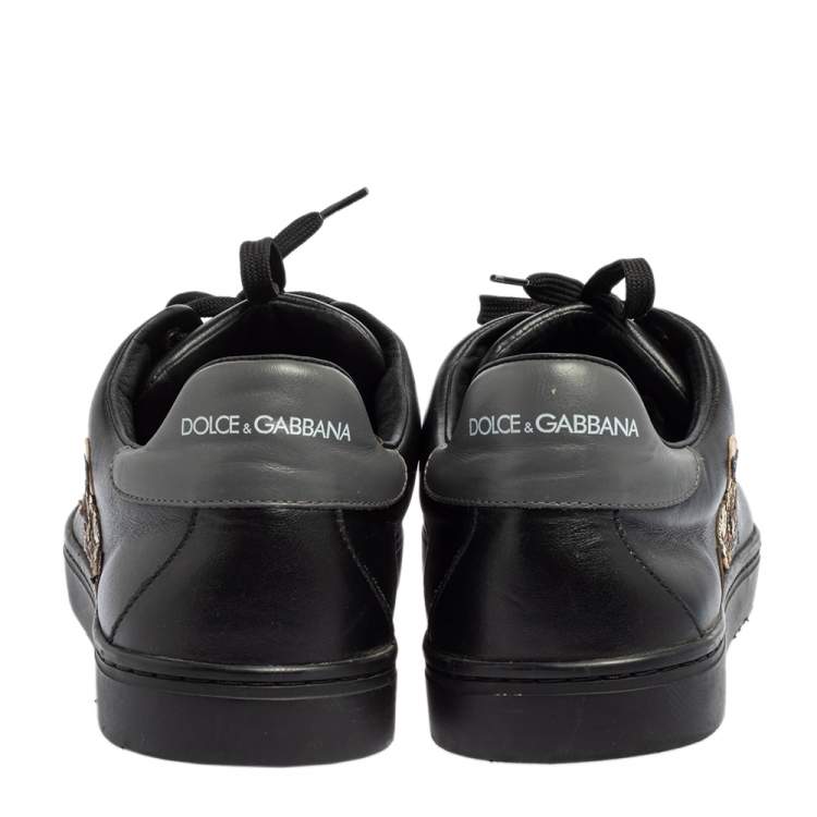 Pre Owned Dolce & Gabbana Black Leather Designers Patch Low Top Sneakers Size 45