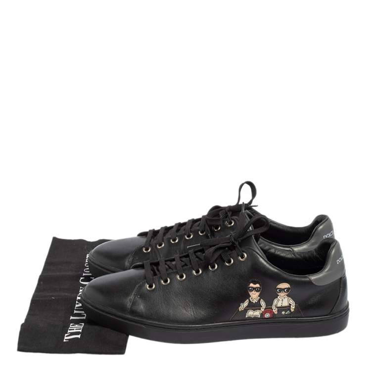 Pre Owned Dolce & Gabbana Black Leather Designers Patch Low Top Sneakers Size 45