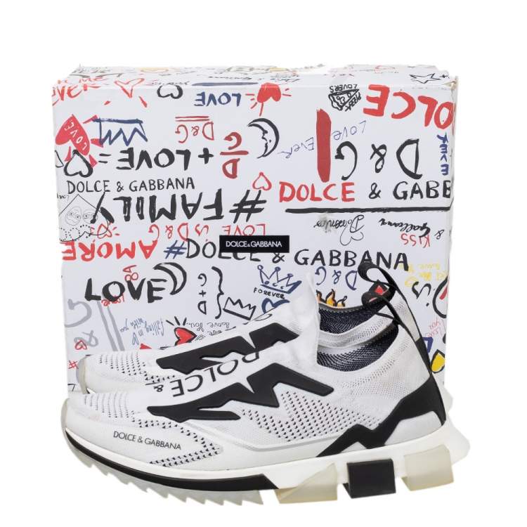 Pre Owned Dolce & Gabbana White/Black Knit Fabric Sorrento Slip On Sneakers Size 45