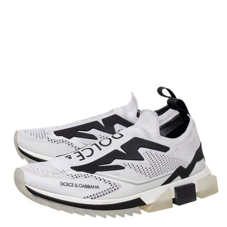 Pre Owned Dolce & Gabbana White/Black Knit Fabric Sorrento Slip On Sneakers Size 45